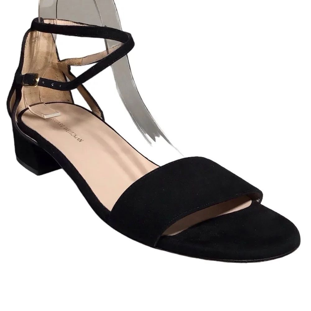 Stuart Weitzman Black Suede Block Heel Strappy Sandal Size 9 1/2